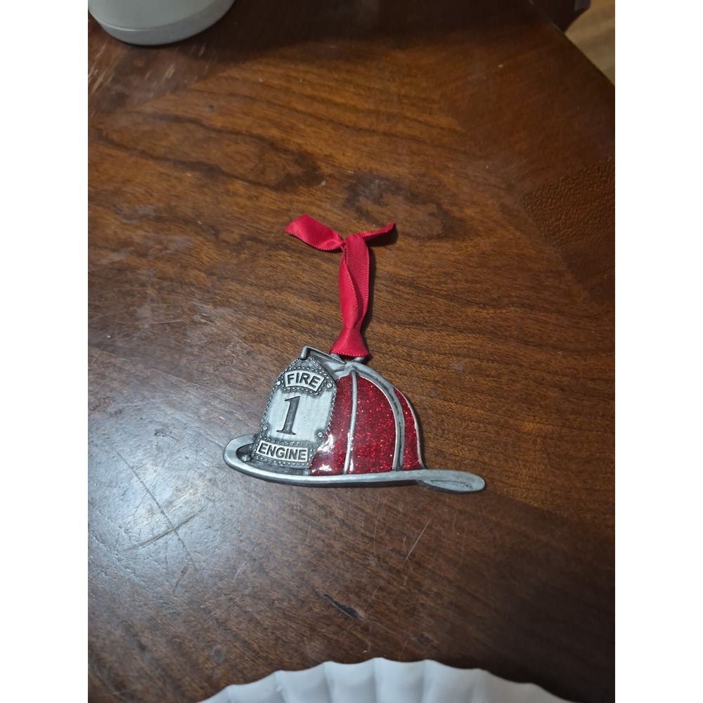 PEWTER & RED Glitter Fire Department Hat Ornament 2.5." Made In USA Christmas